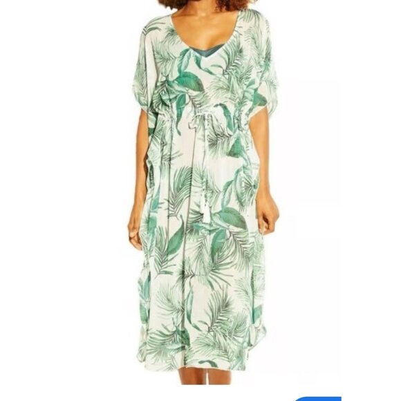 Kona Sol Green Swim S Dress Palm Hawaiian Kaftan Beach Vacation Boho Arttowear - Picture 1 of 4